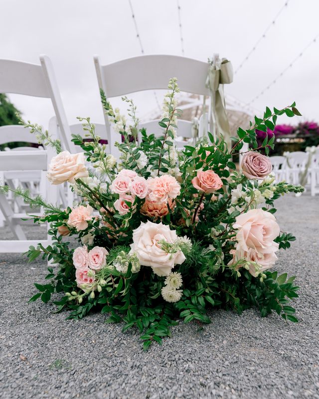 Blush roses lining the ceremony aisle